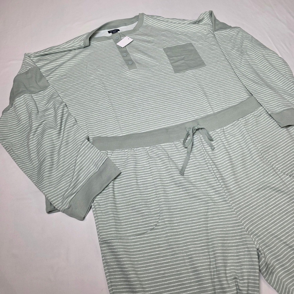 Splendid Pajama Set Women 3XL Sage Green Striped Henley Top Jogger Pants NEW